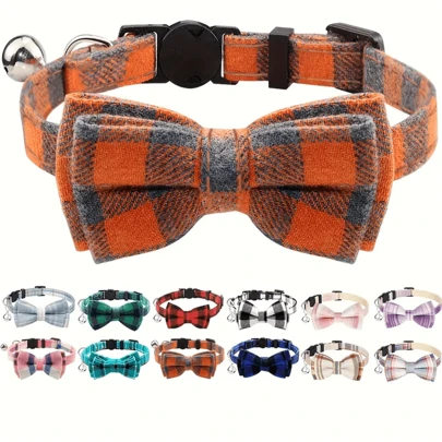 1pc Stylish Plaid Bow-Tie Cat Collar - Adjustable & Comfortable Fit, Fashion Accessory For Your Feline