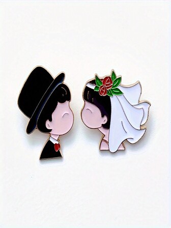 2 件卡通婚礼徽章情侣配饰法式卡通风格金属胸针，适合婚礼装扮，完美的情人节礼物