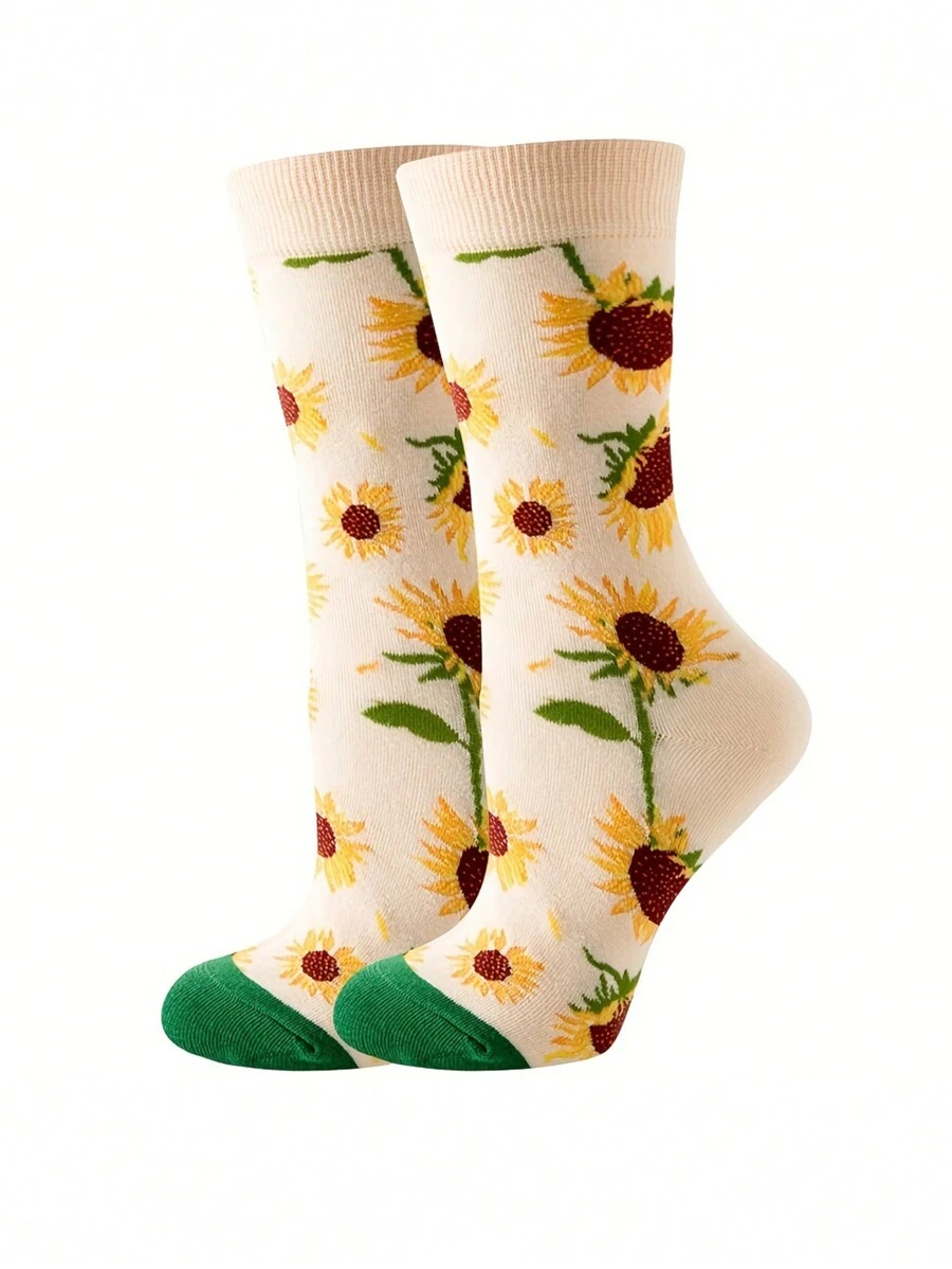 1 par de calcetines de mujer con diseño de girasol - súper suaves, que absorben la humedad, diseño de media pantorrilla - calcetines largos de moda, cómodos todo el día, esenciales para el otoño - Multicolor - Ver 1