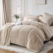 5/7-Piece Solid Colour Checkered Bed Comforter Sets Queen - Soft Microfiber, Lightweight, All-Season, Twin/Full/Queen/King Size Bed In A Bag, Quilt Set With Breathable Fabric And Easy Care,Summer Bedding Set ,Ideal Gift. - Khaki - View 3