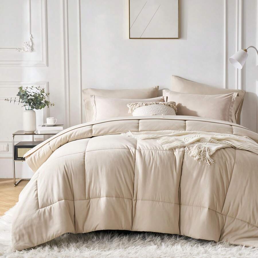 5/7-Piece Solid Colour Checkered Bed Comforter Sets Queen - Soft Microfiber, Lightweight, All-Season, Twin/Full/Queen/King Size Bed In A Bag, Quilt Set With Breathable Fabric And Easy Care,Summer Bedding Set ,Ideal Gift.