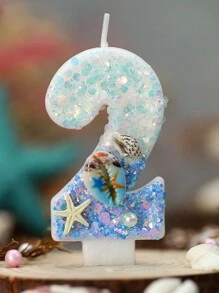 1 pieza Vela de cera con tema de océano en degradado azul con espiral de concha y números digitales del 0 al 9, decoración de tarta con tapa de concha y estrella de mar para cumpleaños
