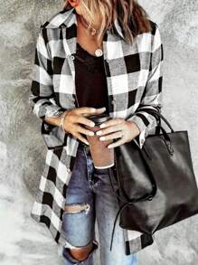 女士格子印花前纽扣长袖衬衫