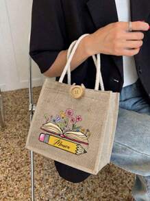 定制亚麻手提袋，可印制个性化姓名、花卉、书籍、铅笔图案，铅笔图案上的文字可定制，饰有纽扣，适合青少年、中小学生和大学生。 - 卡其色 - 查看 5