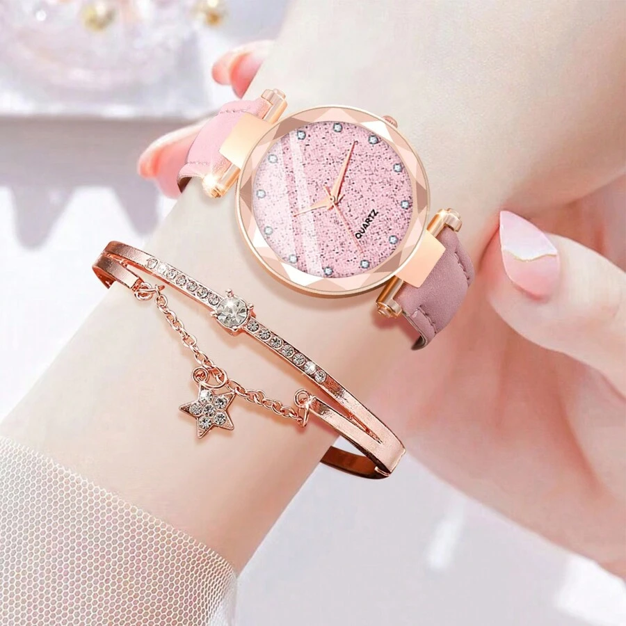 1 件女士可爱简约星空表盘石英腕表和 1 件心形细节手链，作为返校学生的礼物 - 粉色 - 查看 1