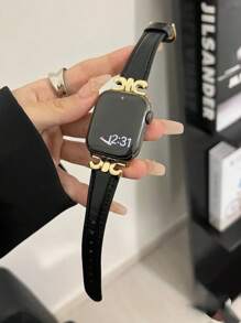 1 件兼容 表带 WatchStrap 女式高级小金属拼接皮革黑色表带兼容 表带 38/40/41/42/44/45/46/49mm Ultra 3/2/1，表带适用于 AppleWatch Se 系列 10/9/8/7/6/5/4/3/2/1，手表配件，柔软、舒适、多功能，女士超薄黑金高级表带。 - 黑色 - 查看 10