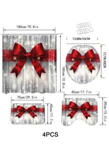 4pcs Red Large Bow Printed Shower Curtain Set, Cute Red Bows Fabric Polyester 12 Hooks Shower Curtain With Non-Slip Bathroom Rug, Toilet U-Shape Mat, Toilet Lid Cover Pad, Machine Washable Bathroom Accessories, Bathroom Christmas Decor Home Bathroom Decor Fall Decor Back To School - Multicolor - View 3