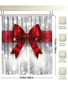 4pcs Red Large Bow Printed Shower Curtain Set, Cute Red Bows Fabric Polyester 12 Hooks Shower Curtain With Non-Slip Bathroom Rug, Toilet U-Shape Mat, Toilet Lid Cover Pad, Machine Washable Bathroom Accessories, Bathroom Christmas Decor Home Bathroom Decor Fall Decor Back To School - Multicolor - View 7