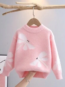 Young Girl' Thickened Warm Mink Fleece Knitted Sweater, Autumn/Winter