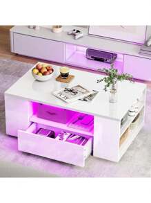 OYAJIA Couchtisch mit Stauraum, Weiß Couchtisch mit LED Lichtern, Couchtisch für Wohnzimmer Rechteckiger Mitteltisch mit 2 Schubladen und 6 offenen Regalen, Home Office Möbel