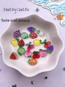 30pcs Resin Mixed Colorful Glitter Mini 3D Peach Pear Grape Apple Cherry Lemon Persimmon Radish Fruit Foods Nail Art Flat Back Rhinestone Applique DIY Jewelry Accessories Decor Crafts Summer, School