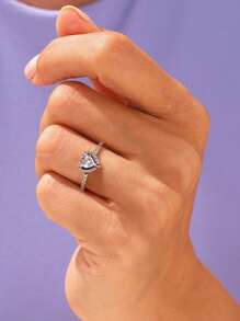 Winglove 1pc/Set 925 Sterling Silver Heart-Shaped Full Diamond Necklace, Ring, Earrings Jewelry Set, Elegant Gift For Women, Valentine's Day - Silver - View 4