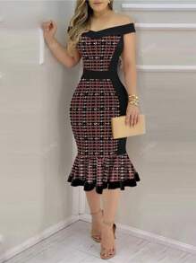 ChicMe Pied-de-poule print off shoulder bodycon jurk met ruches zoom vintage slim fit midi jurk