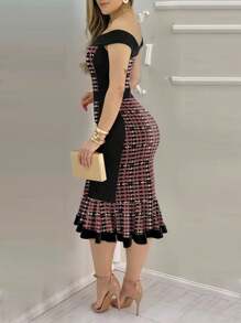 ChicMe Houndstooth Print Off Shoulder Bodycon Dress Ruffle Hem Vintage Slim Fit Midi Dress - Brown - View 2