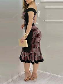 ChicMe Pied-de-poule print off shoulder bodycon jurk met ruches zoom vintage slim fit midi jurk