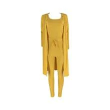 Casual Ribbed 3-Piece Set, Crop Top+High Waisted Drawstring Pants+Long Cardigan, Women's Clothing - Màu vàng - Xem 4