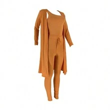 Casual Ribbed 3-Piece Set, Crop Top+High Waisted Drawstring Pants+Long Cardigan, Women's Clothing - 橘色 - 查看 2