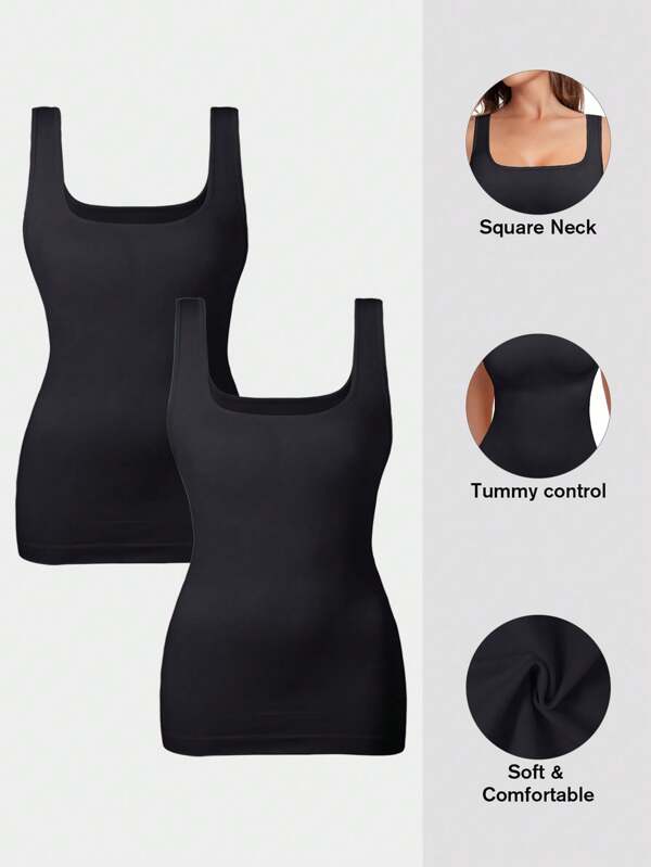 Women Tummy Control Shapewear Tank Tops Seamless Square Neck Compression Tops Slimming Body Shaper Camisole