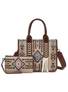 女士波西米亚风手提包单肩包休闲印花帆布包大容量手提包轻便斜挎包婆婆包通勤购物袋非常适合日常通勤购物学校休闲外出聚会 - 杏色 - 查看 8