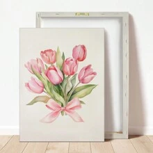 1 Stück botanische Tulpen, rosa Schleife Wandkunst, rosa Heimdekoration, Mädchen Geschenk, Tulpen Aquarellmalerei, Frühlingsdekoration - perfekt für Schlafzimmer, Wohnzimmer, Flur, Badezimmer, perfekte Heimgeschenk Wahl - Leinwand (gerahmt)