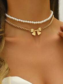 2pcs/Set Bowknot Faux Pearl Necklace Set, Fashion Cute Jewelry For Women, Versatile For Daily Outfit, Beach Holiday Valentines,Mom,Mother,Mother's Day,Gift