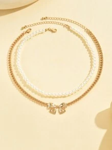 2pcs/Set Bowknot Faux Pearl Necklace Set, Fashion Cute Jewelry For Women, Versatile For Daily Outfit, Beach Holiday Valentines,Mom,Mother,Mother's Day,Gift