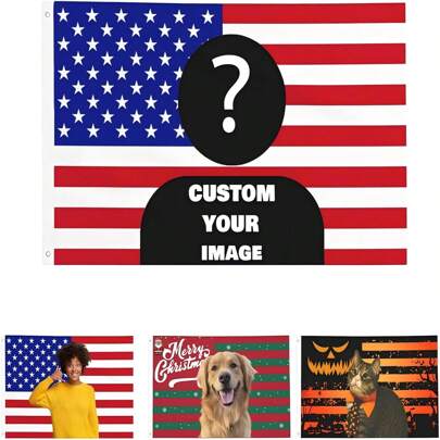 1 pièce Drapeau américain personnalisé - Ajoutez votre propre image et texte - Découpe visage - Convient pour anniversaire, mariage, Halloween, Noël, fête, fête des pères, fête des mères, Saint-Valentin, Pâques, décoration de la maison, anniversaire, remise des diplômes, pendaison de crémaillère, canapé, lit, voiture, salle de thé, chambre à coucher, salon, intérieur de la maison, drapeau extérieur - Peut également être utilisé pour tapisserie personnalisée, drapeau de jardin, drapeau personnalisé, décoration de jardin, industriel