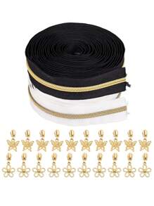 Zíperes sortidos de 450 cm/5 jardas com 10 puxadores dourados rasos (decoração de borboleta ou flor), zíperes de nylon nº 5, dentes dourados rasos, fita preta e branca, adequados para roupas, bolsas, artesanato DIY, etc.