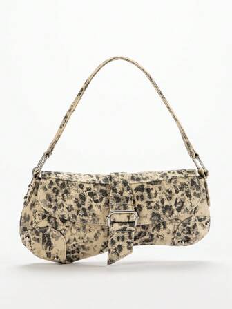 Distressed Beige Asymmetric Animal Print Shoulder Bag, Fashionable Y2K Leopard Print Rivet Biker Style Shoulder Bag, Hobo Bag, Streetwear Style, Suitable For Teenage Girls, Leopard Print Bag, Animal Print Underarm Bag, Rivet Streetwear Style Handbag, Y2K Underarm Bag, Suitable For Dating, Casual, Fashion Parties, Travel, School, Holiday Gift, New Fall Winter Cheetah Print Purse For Women
