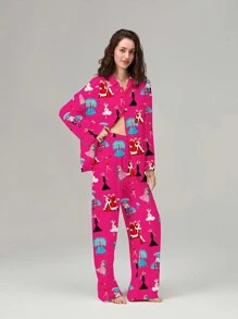 Women Christmas Pajama Set Y2k Nutcracker Long Sleeve Shirt And Wide Leg Pants Cute Pjs Outfits - Hot Pink - View 4
