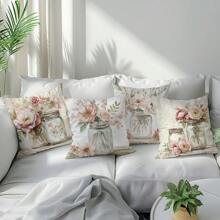 Set de 4 fundas decorativas de cojín con diseño floral rosa vintage, tela de terciopelo durazno, impresión de un solo lado, 45*45 CM, adecuadas para sala de estar, dormitorio, sofá, regalo