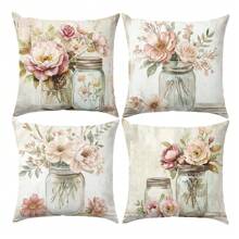 Set de 4 fundas decorativas de cojín con diseño floral rosa vintage, tela de terciopelo durazno, impresión de un solo lado, 45*45 CM, adecuadas para sala de estar, dormitorio, sofá, regalo