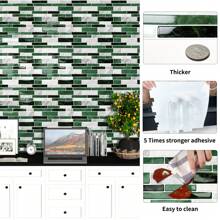 DEWOO 10 件 12*12 英寸云杉灰和孔雀绿果皮贴纸墙砖树脂防溅贴纸墙砖，防水、防潮且易于安装，可移除，用于浴室、洗手间粘性瓷砖的转移贴纸 - 綠色 - 查看 8