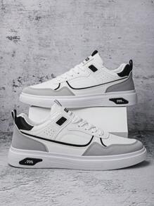 新款时尚男士韩版运动鞋透气白色休闲平底滑板鞋百搭潮流运动鞋 - 白色 - 查看 2