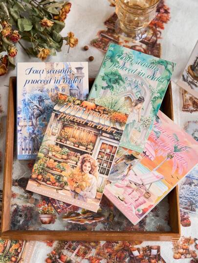 1pc Vintage Scenery & Figurine Sticker Book, PET Material, Multi-Purpose Waterproof Sticker Back To School