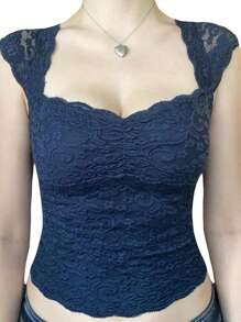 Women's Summer Mini Tank Tops Black Sleeveless Low Cut Lace Floral Skinny Crop Tops - Màu xanh hải quân - Xem 1