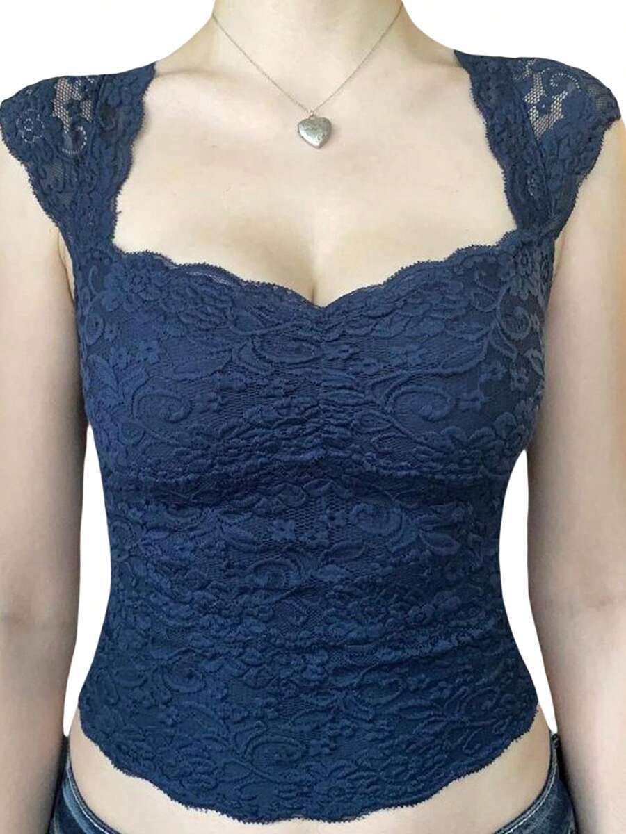 Women's Summer Mini Tank Tops Black Sleeveless Low Cut Lace Floral Skinny Crop Tops - Màu xanh hải quân - Xem 1