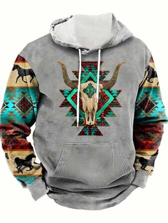 Men's Deer Pattern Hoodie With Kangaroo Pocket, Warm Casual Fashion Pullover Hooded Sweatshirt For Spring, Autumn And Winter, Long Sleeve Top