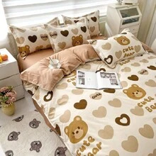 1pc Thick Polyester Floral Print Duvet Cover Set, Machine Washable, Suitable For Bedroom, Boys/Girls Dorm Bedding (1 Duvet Cover, No Filling), All Products Do Not Include Comforter/Filling, With Corner Ties - Love Bear - View 3