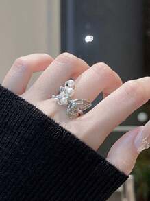 CVNANA 1 chiếc nhẫn bướm ngọt ngào dành cho phụ nữ, nhẹ nhàng và thanh lịch, nhẫn mở ngọc trai giả, nhẫn ngón trỏ thời trang - Bạc - Xem 10