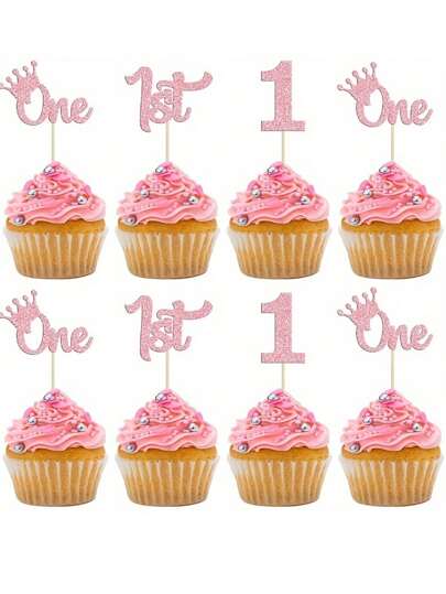 12Pcs One Cupcake Toppers Glitter 1st Birthday Cupcake Pick Decorations For Babyshower First Birthday Party Cake Decorations Supplies