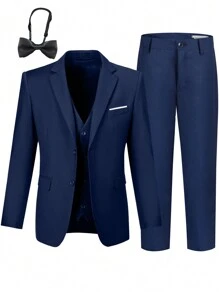 男童四件套西装套装，幼儿燕尾服礼服，花童服，婚礼西装外套、裤子、衬衫、领带，正式西装，藏蓝色，适合生日、婚礼、毕业典礼、婚礼宾客、花童等场合，尺码4-16岁 - 藏蓝色 - 查看 9