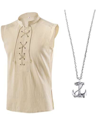 Mens Pirate Renaissance Viking Steampunk Medieval Gothic Celtic Sleeveless Shirt Barbarian Top Tee Include Pendant Necklace