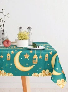 1 件装涤纶斋月开斋节穆派对桌布，带绿色和金色星星和月亮图案，斋月庆典斋月开斋节派对装饰用品，餐厅、家居斋月开斋节桌面装饰