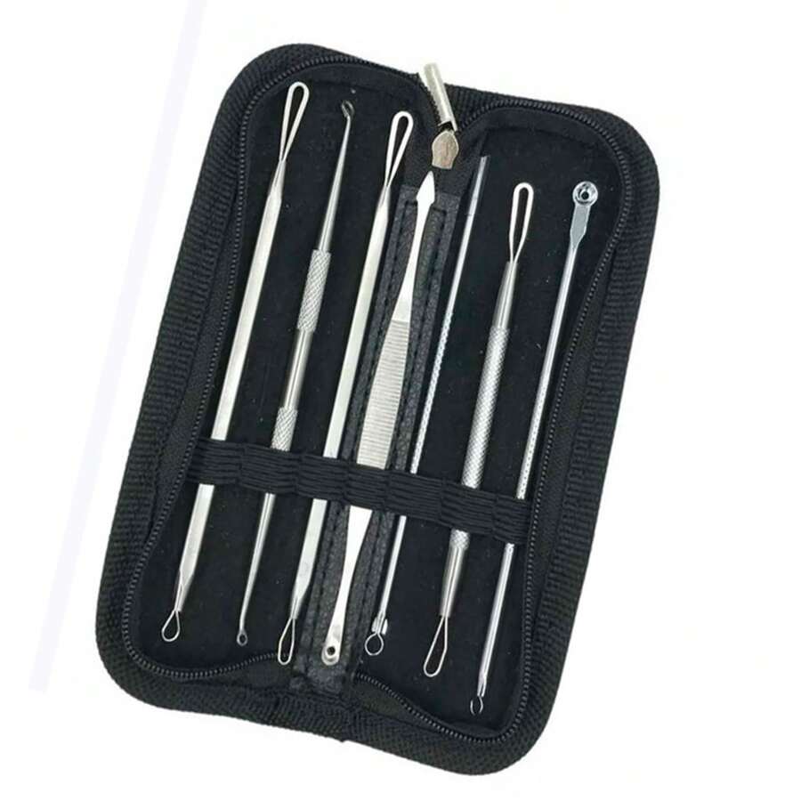 Kit 7 Blackhead Pimple Acne Extractor Stainless Steel Curettes With Case - White - View 1