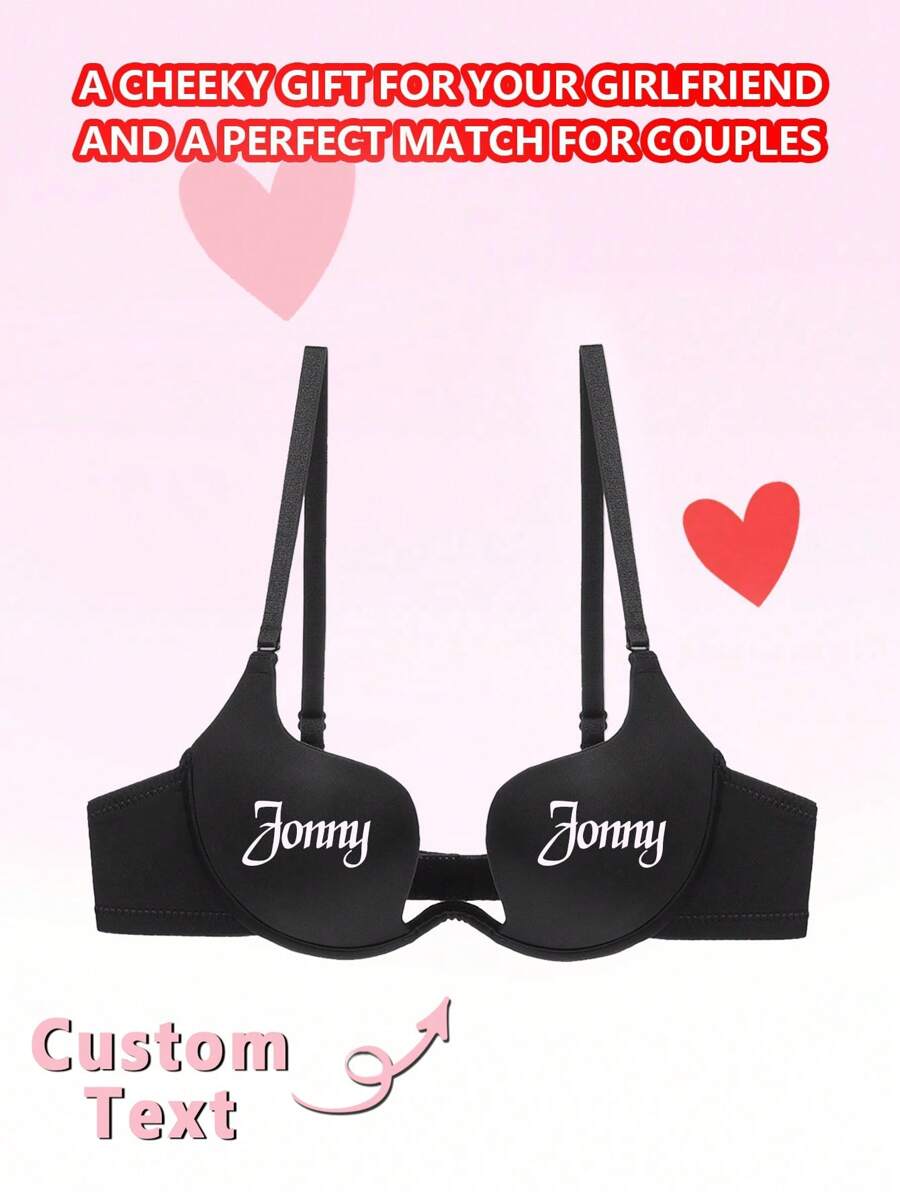 Women's Personalized Text/Name/Photo/Letter Print Push-Up Supported Underwire Brassiere, Sexy Low-Cut Bra