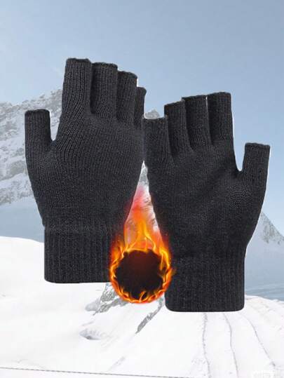 1 Pair Men's Minimalist Solid Color Knitted Fingerless Gloves, Warm And Suitable For Riding, Writing