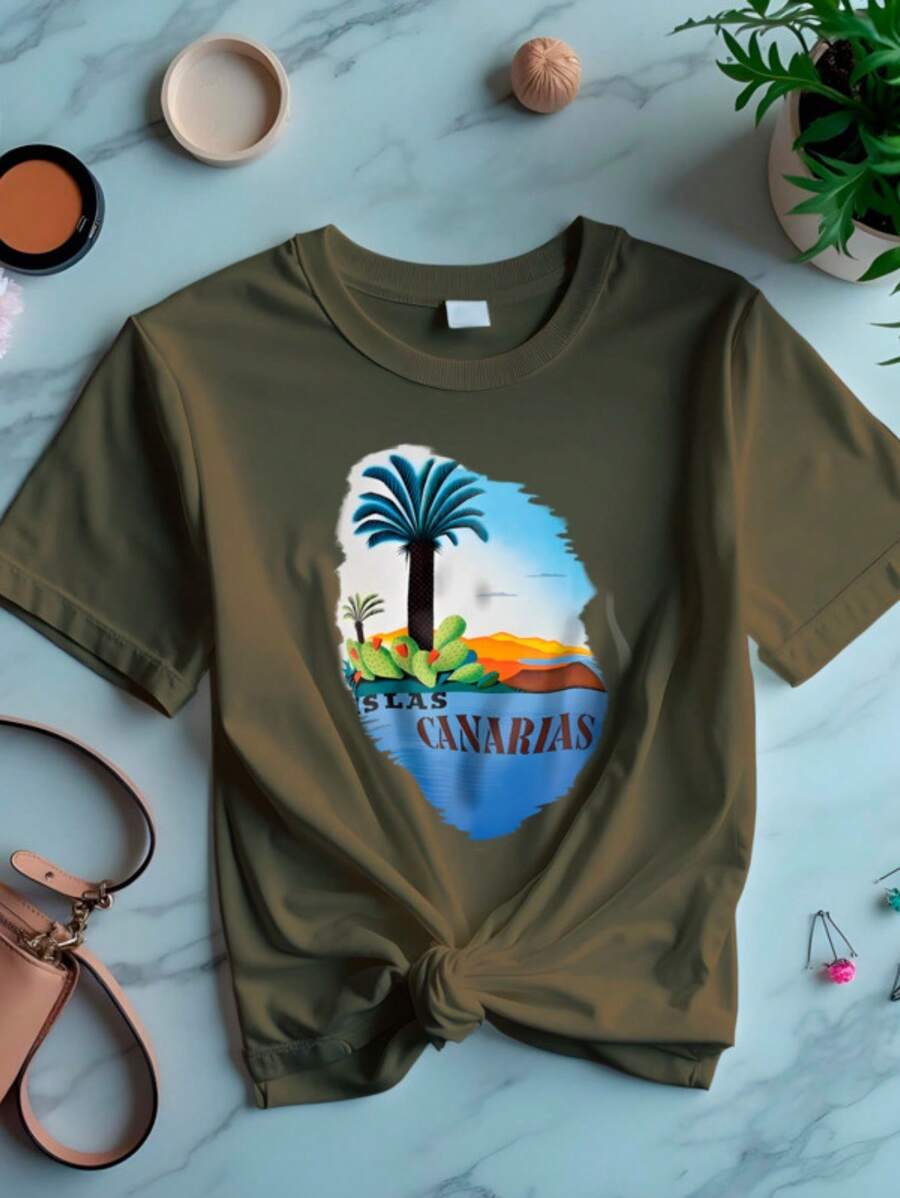 Camiseta Feminina Estampada Ilha Aquarela Verão
