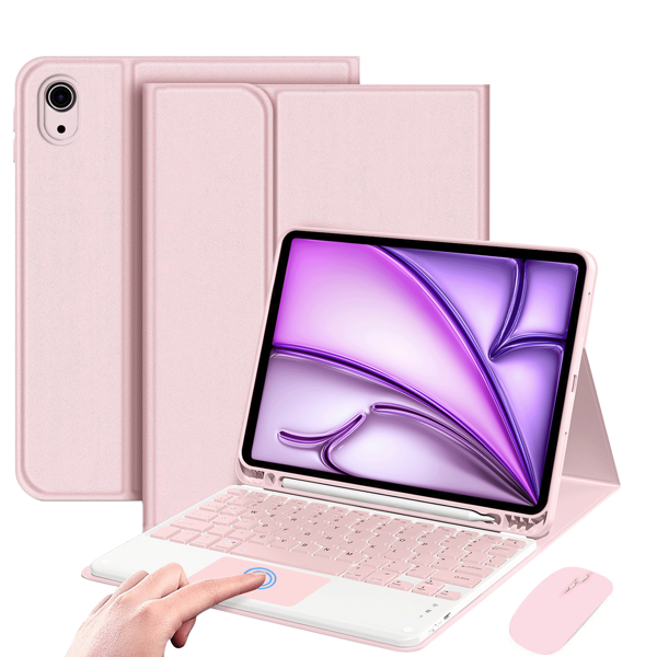 Étui de clavier avec souris compatible avec Samsung Galaxy Tab / iPad / Redmi Pad Se, avec clavier Bluetooth tactile amovible et rechargeable (280 mAh), étui avec porte-crayon (rose)
