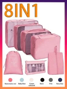 8 件粉色便携式旅行收纳套装，包括大容量手提包、化妆刷包、衣服收纳袋、鞋袋、扁平口袋